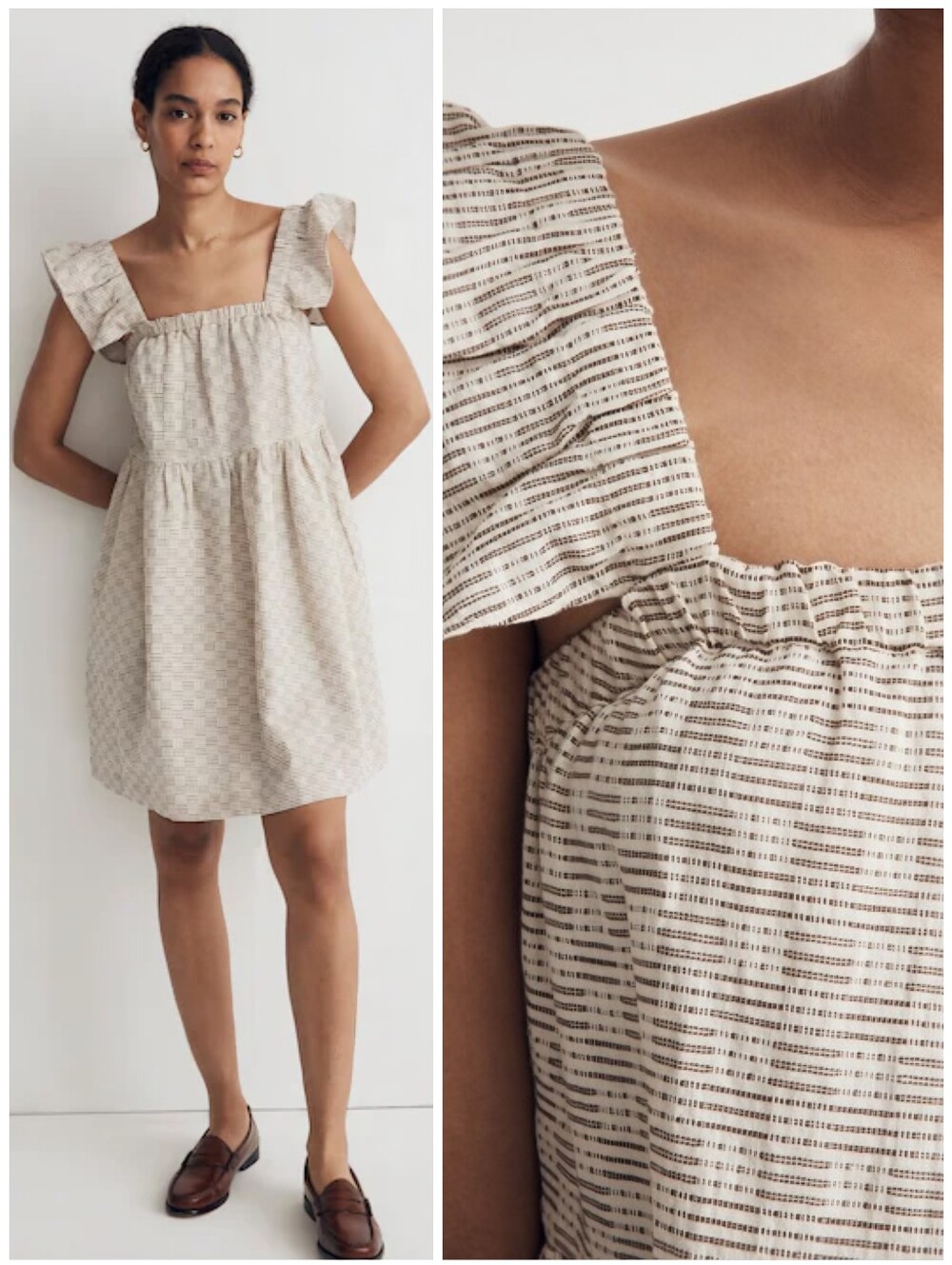 Madewell Linen Blend Flutter Sleeve Square Neck Cream Tan Dress, S